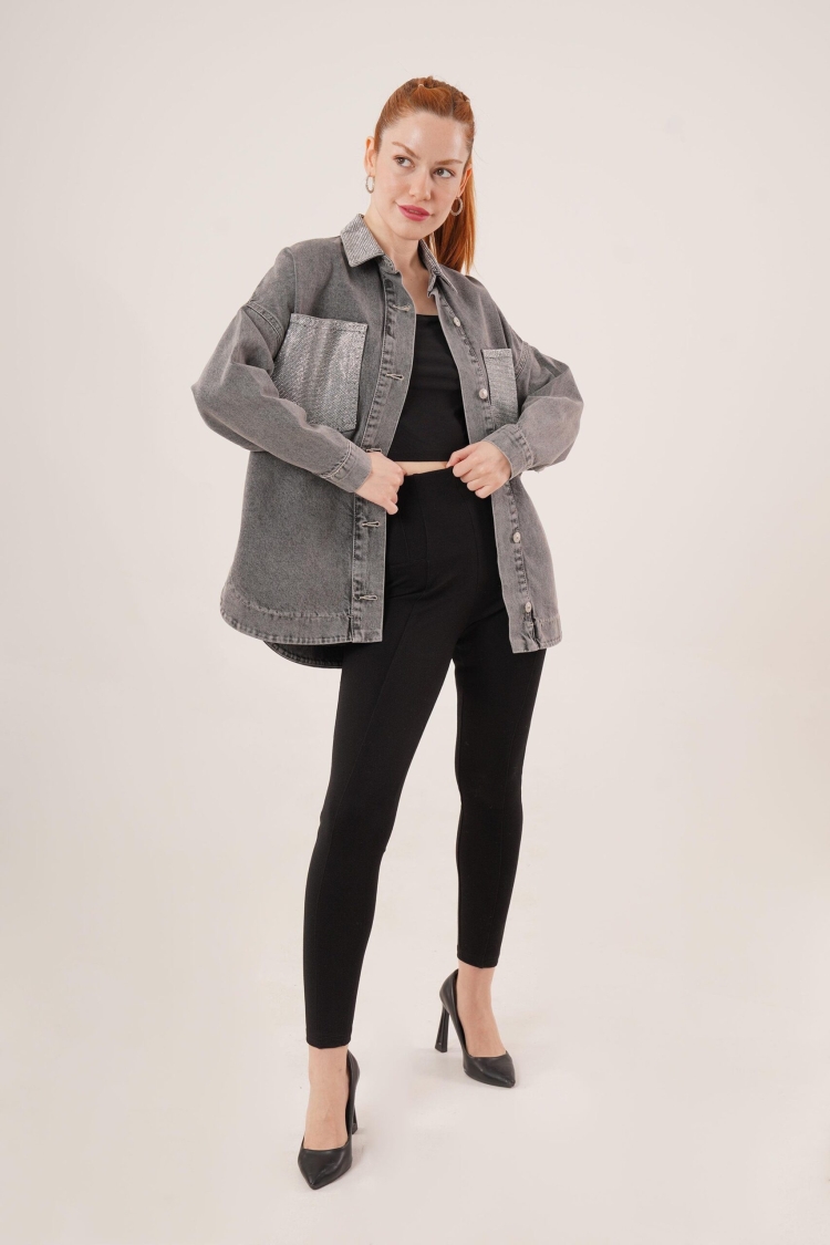 WholesaleJean Jacket With Pockets And Collar With Stone Buttons - Brand: Lustrin - Women & Kids, Baby Clothes Wholesale - TheBS Women