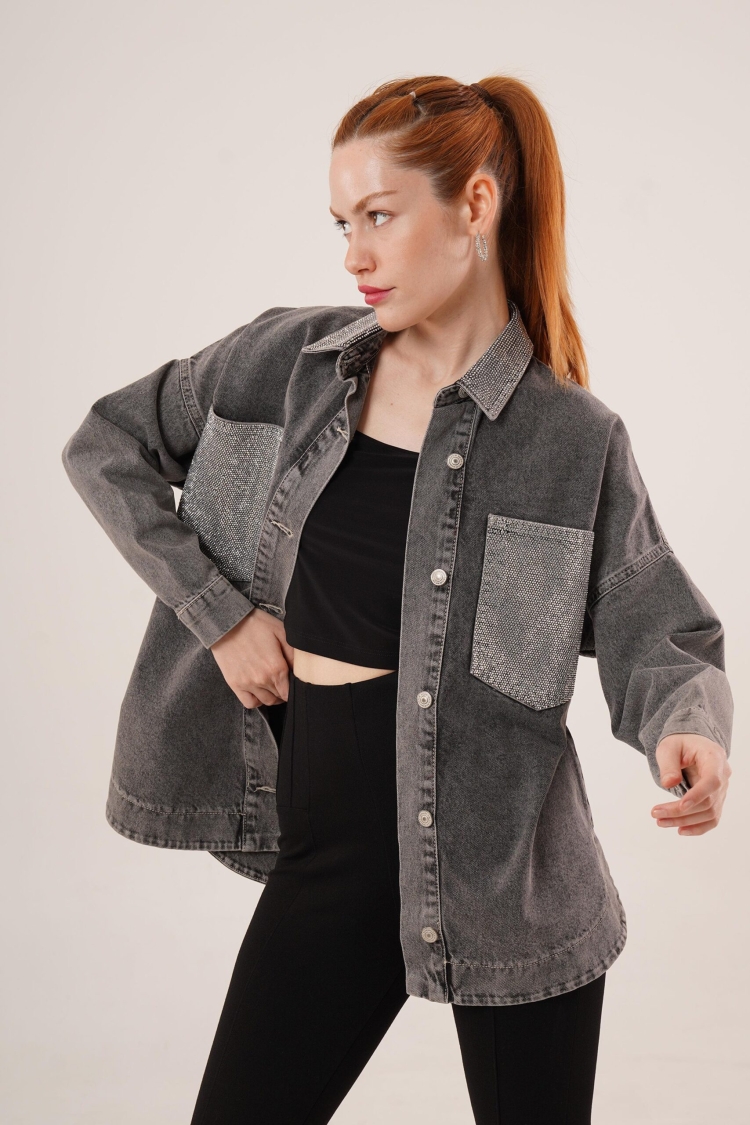 WholesaleJean Jacket With Pockets And Collar With Stone Buttons - Brand: Lustrin - Women & Kids, Baby Clothes Wholesale - TheBS Women