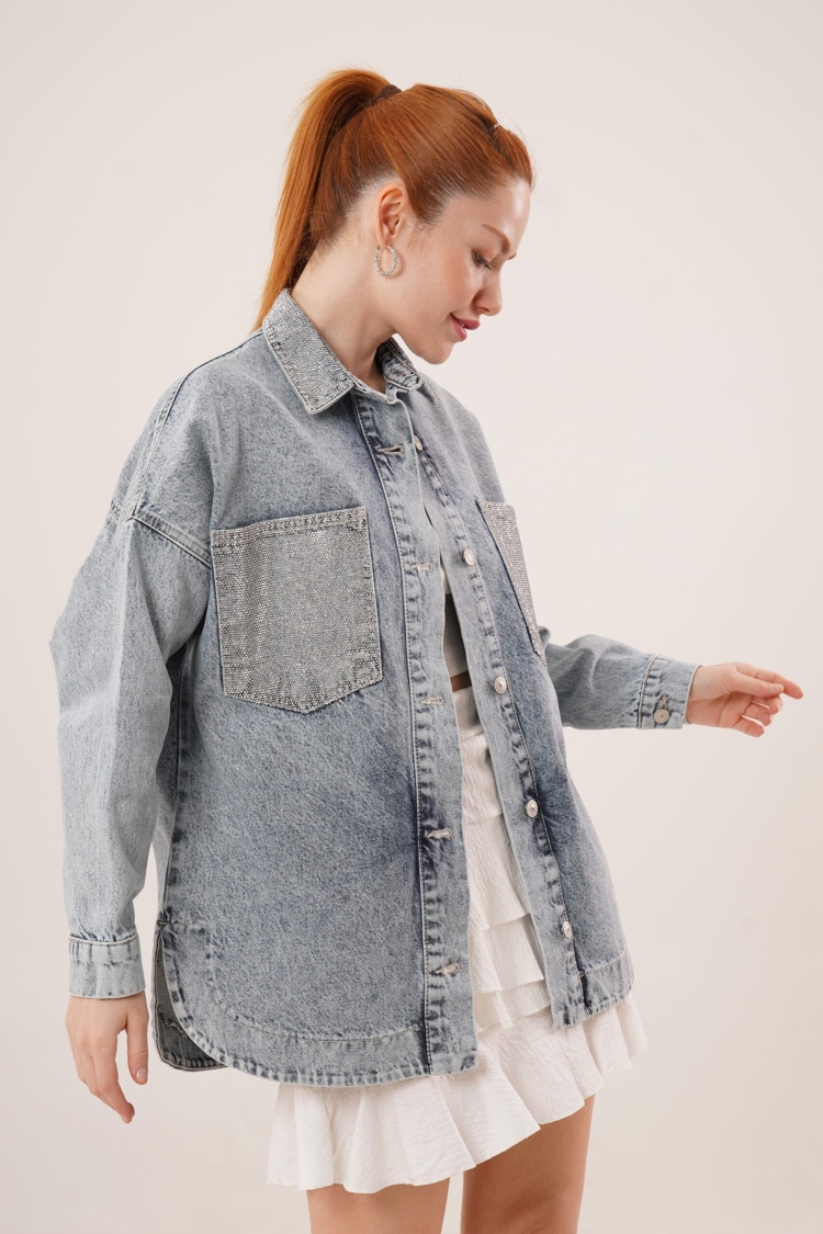 Wholesale Blue Jean Jacket With Stone Buttons With Pockets And Collar - Brand: Lustrin - Women & Kids, Baby Clothes Wholesale - TheBS Women