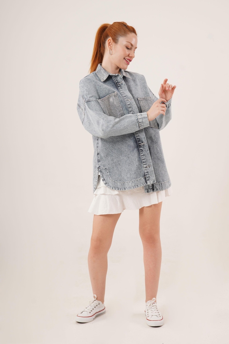 Wholesale Blue Jean Jacket With Stone Buttons With Pockets And Collar - Brand: Lustrin - Women & Kids, Baby Clothes Wholesale - TheBS Women