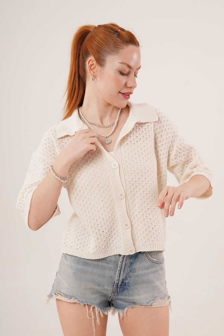 Buttoned Half Sleeve Low Shoulder WholesaleCardigan - Brand: Lustrin - Women & Kids, Baby Clothes Wholesale - TheBS Women