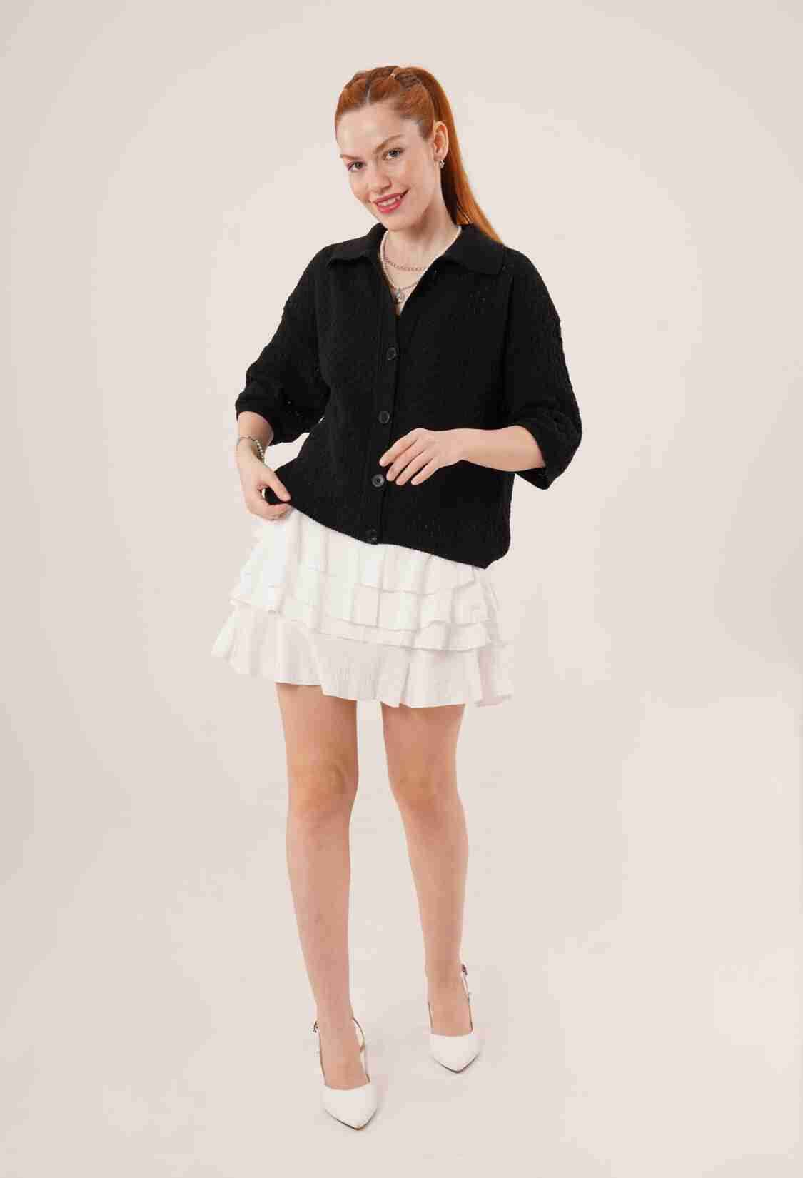 Buttoned Half Sleeve Low Shoulder WholesaleCardigan - Brand: Lustrin - Women & Kids, Baby Clothes Wholesale - TheBS Women