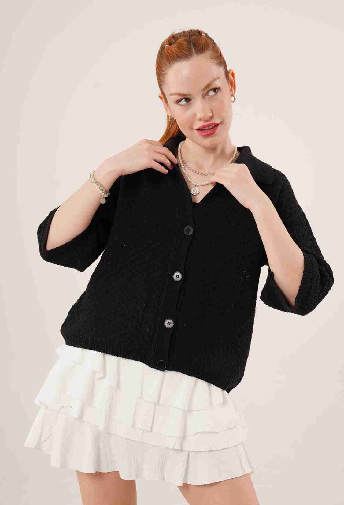 Buttoned Half Sleeve Low Shoulder WholesaleCardigan - Brand: Lustrin - Women & Kids, Baby Clothes Wholesale - TheBS Women