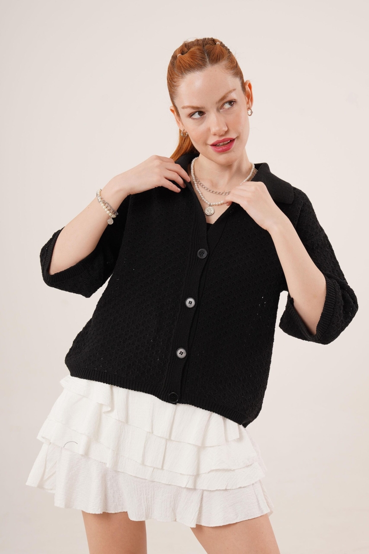 Buttoned Half Sleeve Low Shoulder WholesaleCardigan - Brand: Lustrin - Women & Kids, Baby Clothes Wholesale - TheBS Women