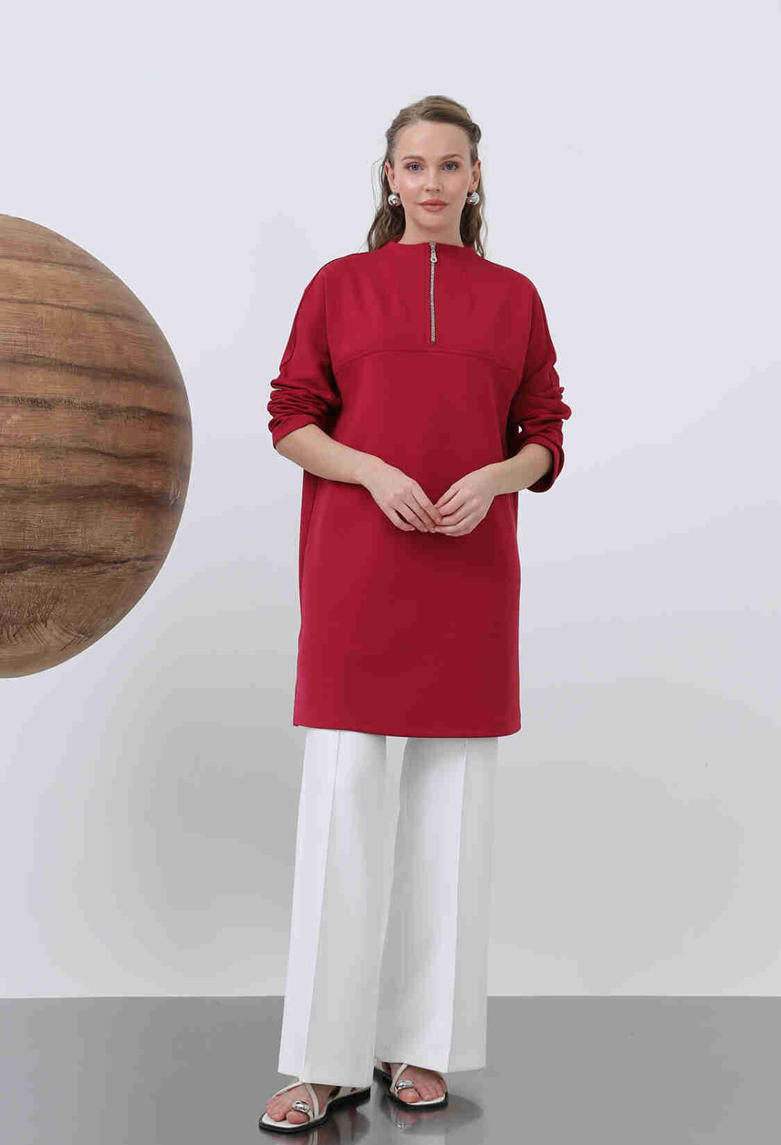 Front Zipper Detailed Tunic - Burgundy - Brand: Puane - Women & Kids, Baby Clothes Wholesale - TheBS Women