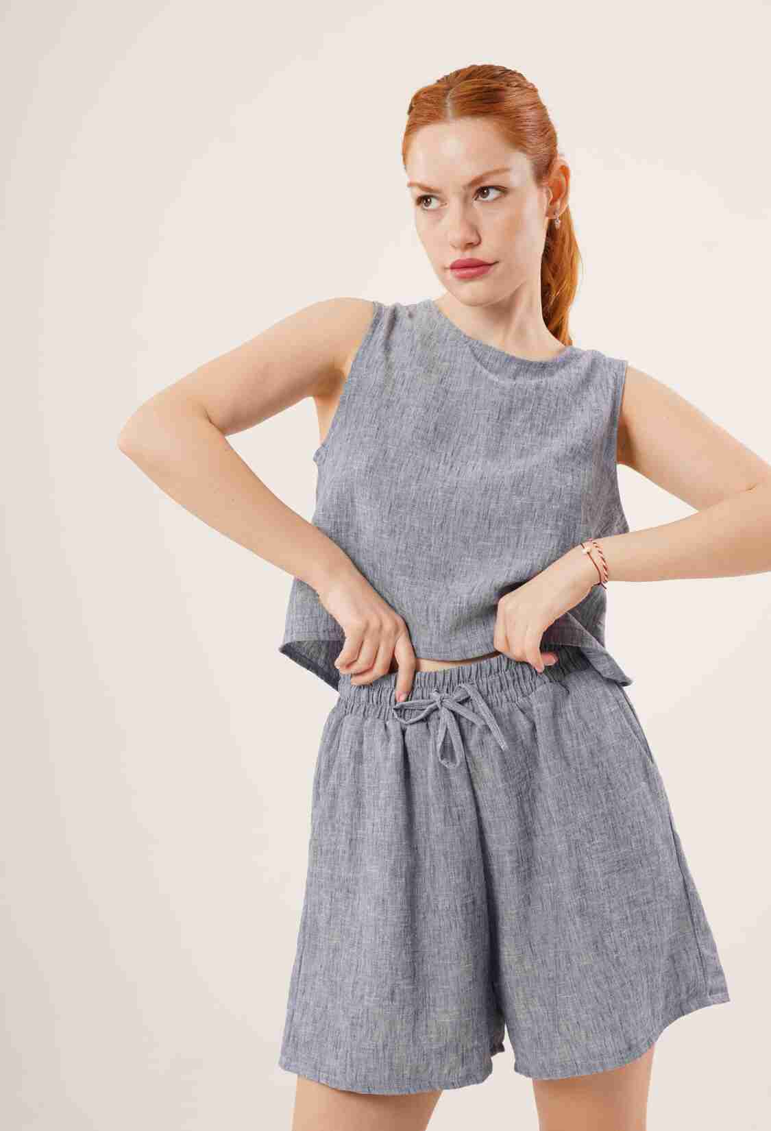 Back Button Detailed Blouse And Shorts With Pockets Double Wholesale Indigo Suit - Brand: Lustrin - Women & Kids, Baby Clothes Wholesale - TheBS Women