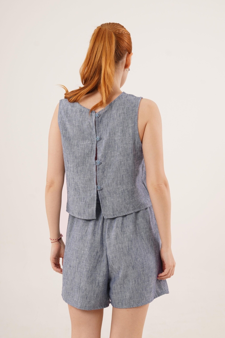 Back Button Detailed Blouse And Shorts With Pockets Double Wholesale Indigo Suit - Brand: Lustrin - Women & Kids, Baby Clothes Wholesale - TheBS Women