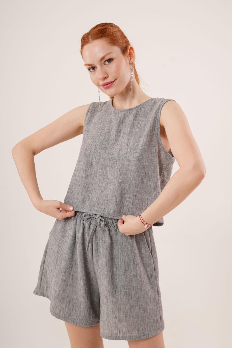 Back Button Detailed Blouse And Shorts With Pockets Double WholesaleSuit - Brand: Lustrin - Women & Kids, Baby Clothes Wholesale - TheBS Women