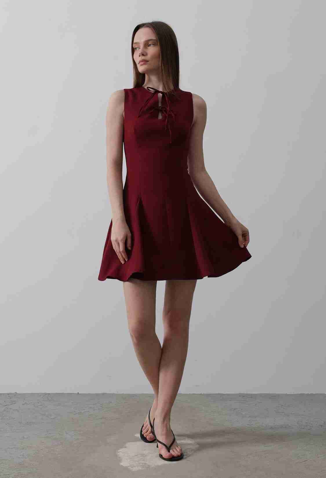 Bow Detail Zero Sleeve Mini Dress - - Burgundy - Brand: Reyon - Women & Kids, Baby Clothes Wholesale - TheBS Women