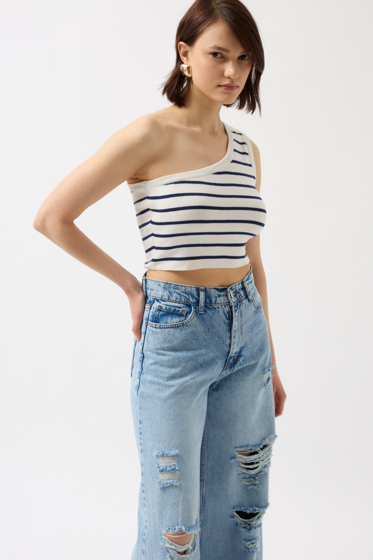 One Shoulder Striped Crop -- Navy - Brand: Black Fashion - Women & Kids, Baby Clothes Wholesale - TheBS Women