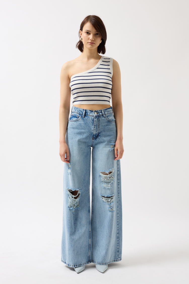 One Shoulder Striped Crop -- Navy - Brand: Black Fashion - Women & Kids, Baby Clothes Wholesale - TheBS Women