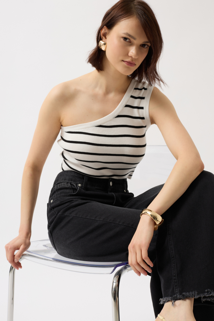 One Shoulder Striped Crop -- Black - Brand: Black Fashion - Women & Kids, Baby Clothes Wholesale - TheBS Women