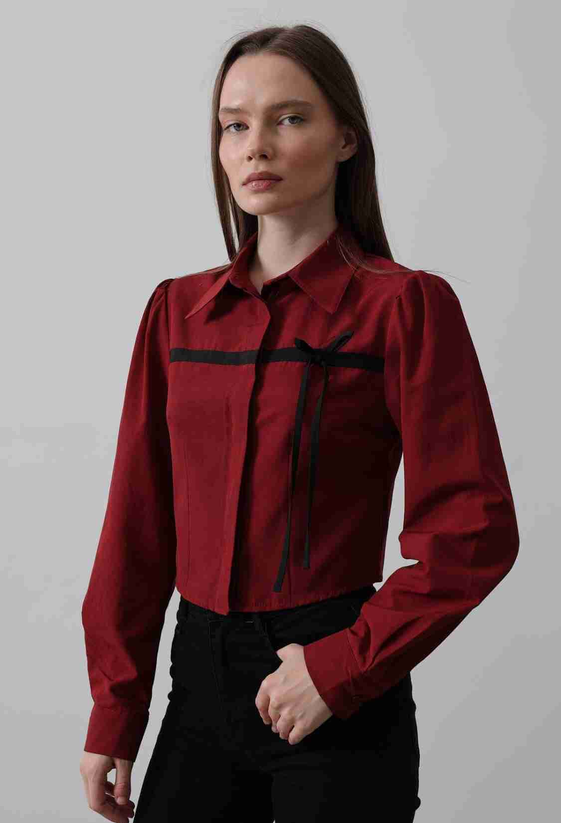 Front Contrast Bow Shirt - Burgundy - Brand: Reyon - Women & Kids, Baby Clothes Wholesale - TheBS Women