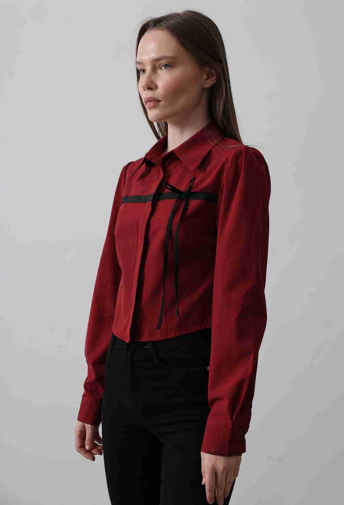 Front Contrast Bow Shirt - Burgundy - Brand: Reyon - Women & Kids, Baby Clothes Wholesale - TheBS Women
