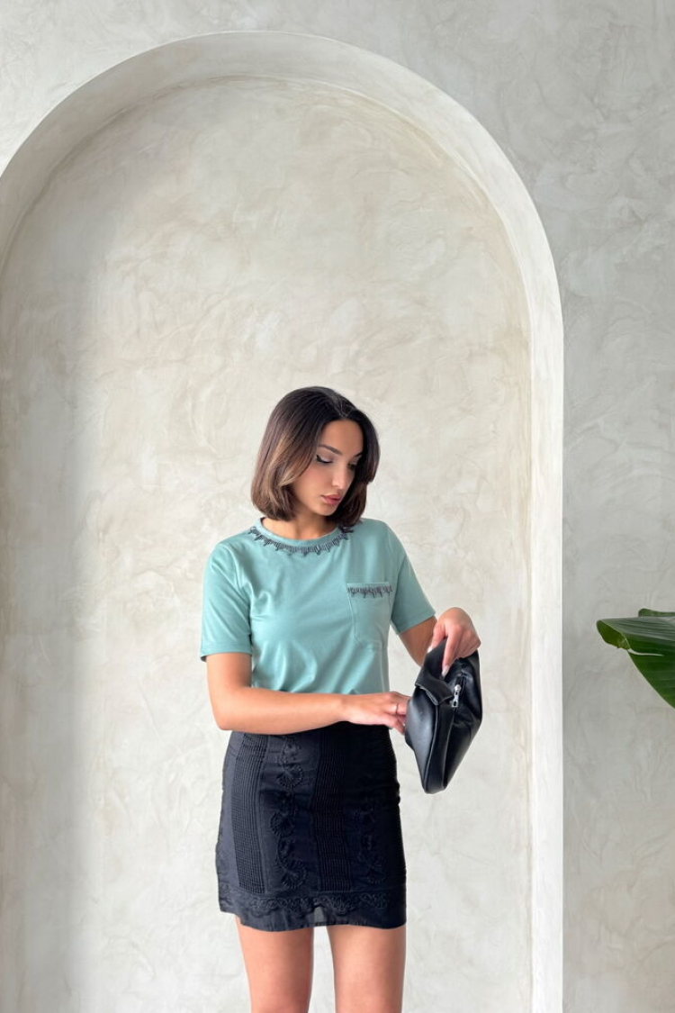 Çağla Stone Chain Detailed Wholesale T-Shirt - Brand: Topshow - Women & Kids, Baby Clothes Wholesale - TheBS Women