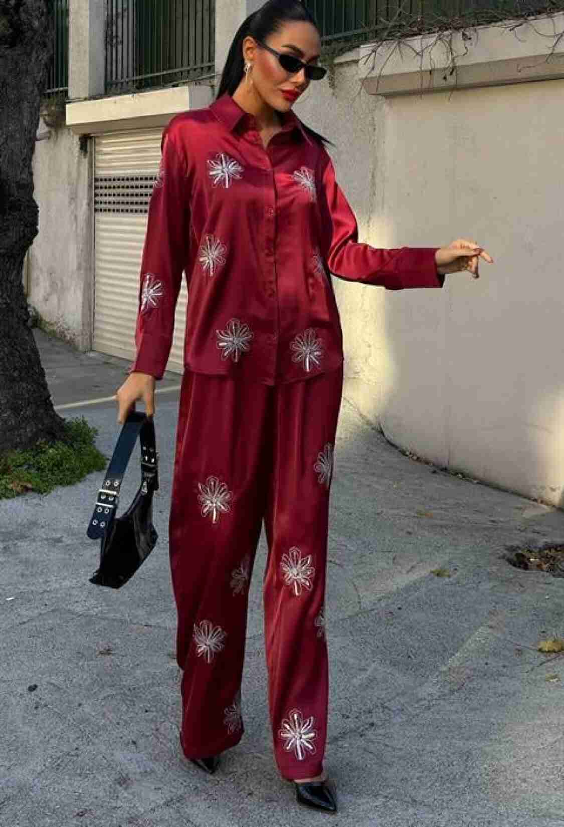 Sequin Silvery Floral Satin Double Set With Sequins - Burgundy - Brand: Sobe Istanbul - Women & Kids, Baby Clothes Wholesale - TheBS Women