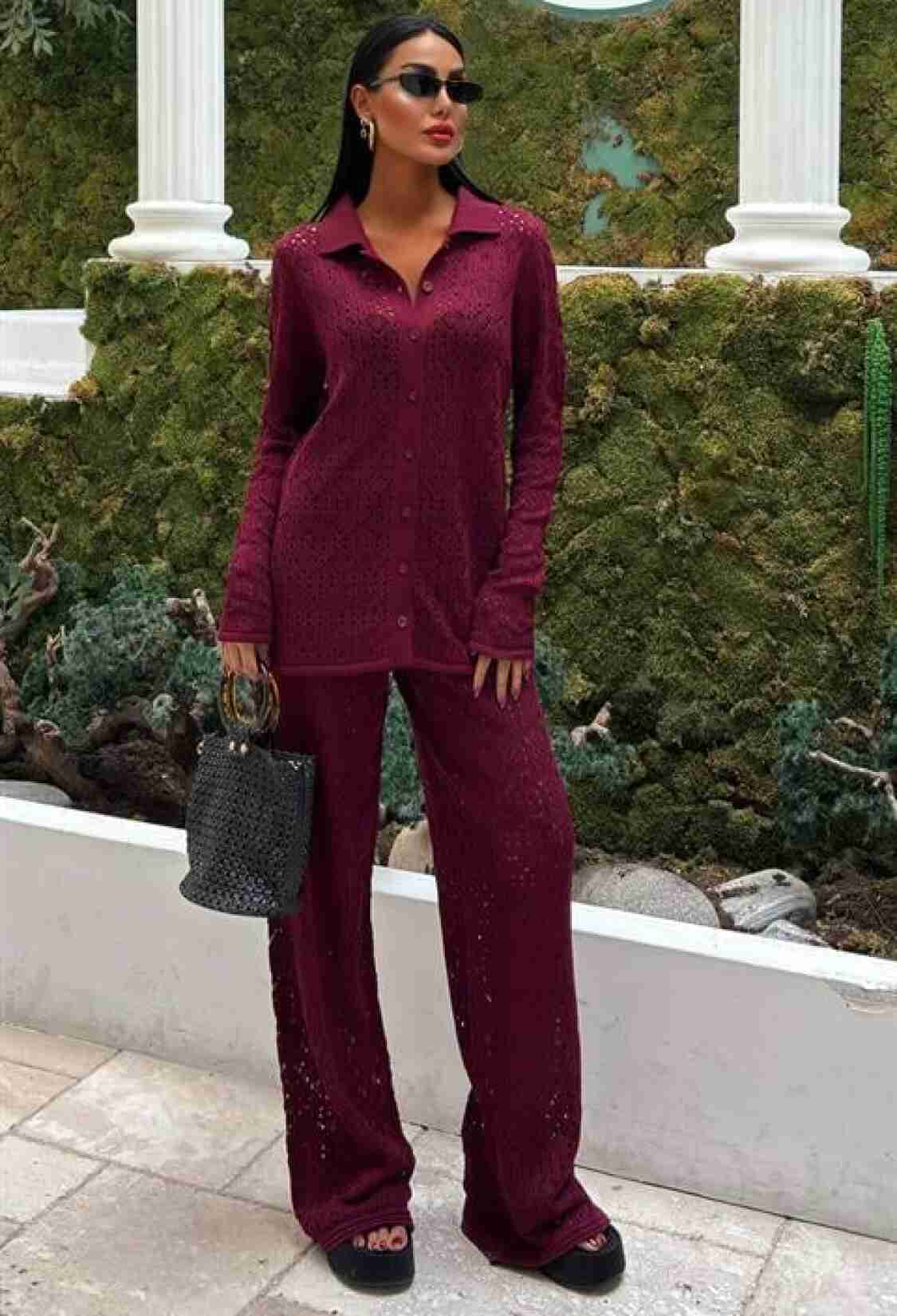 Openwork Knitwear Trousers Set - Burgundy - Brand: Sobe Istanbul - Women & Kids, Baby Clothes Wholesale - TheBS Women