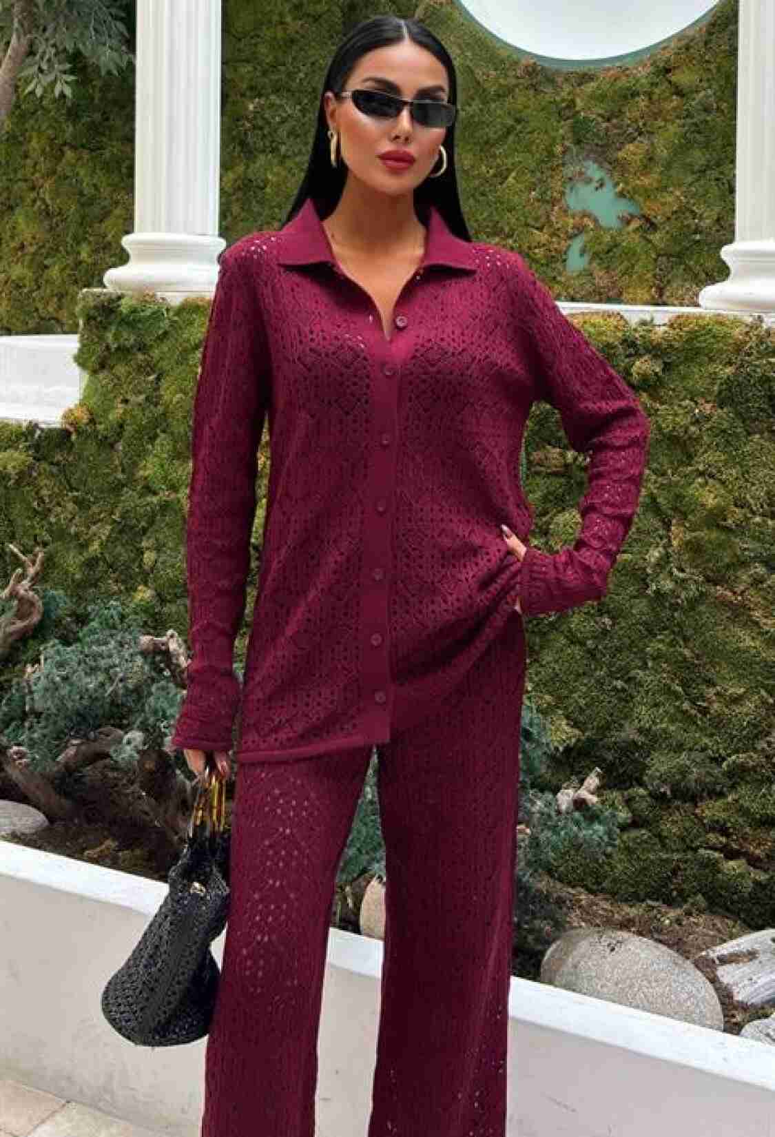 Openwork Knitwear Trousers Set - Burgundy - Brand: Sobe Istanbul - Women & Kids, Baby Clothes Wholesale - TheBS Women