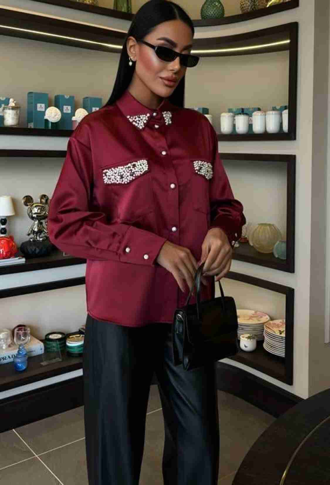 Satin Shirt With Collar And Pocket Pearls - Burgundy - Brand: Sobe Istanbul - Women & Kids, Baby Clothes Wholesale - TheBS Women