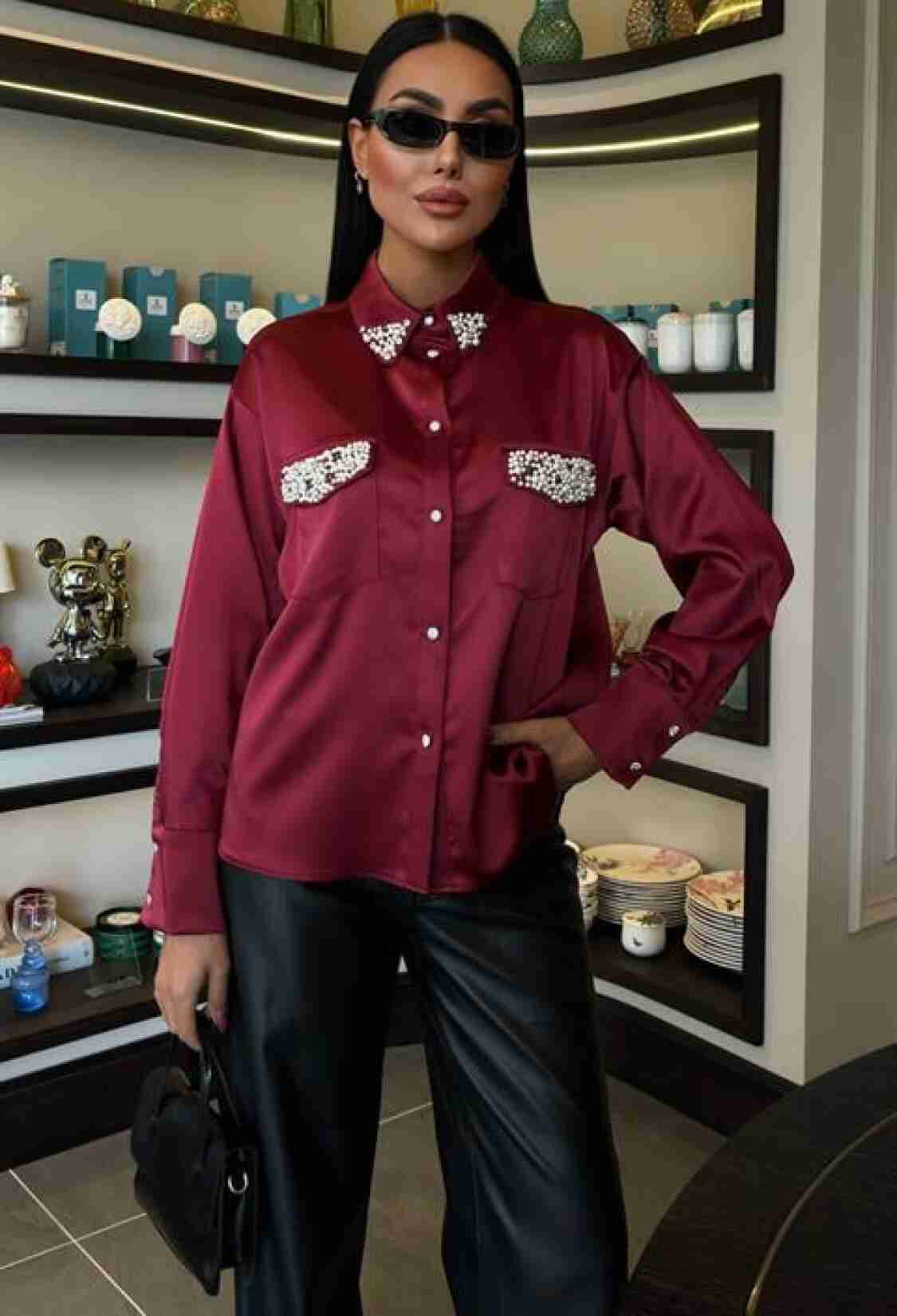 Satin Shirt With Collar And Pocket Pearls - Burgundy - Brand: Sobe Istanbul - Women & Kids, Baby Clothes Wholesale - TheBS Women