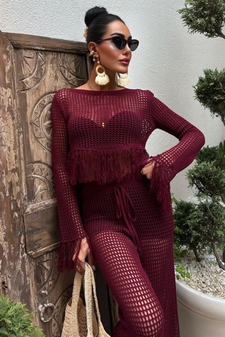 Tassel Detailed Openwork Knitwear Set - Burgundy - Brand: Sobe Istanbul - Women & Kids, Baby Clothes Wholesale - TheBS Women