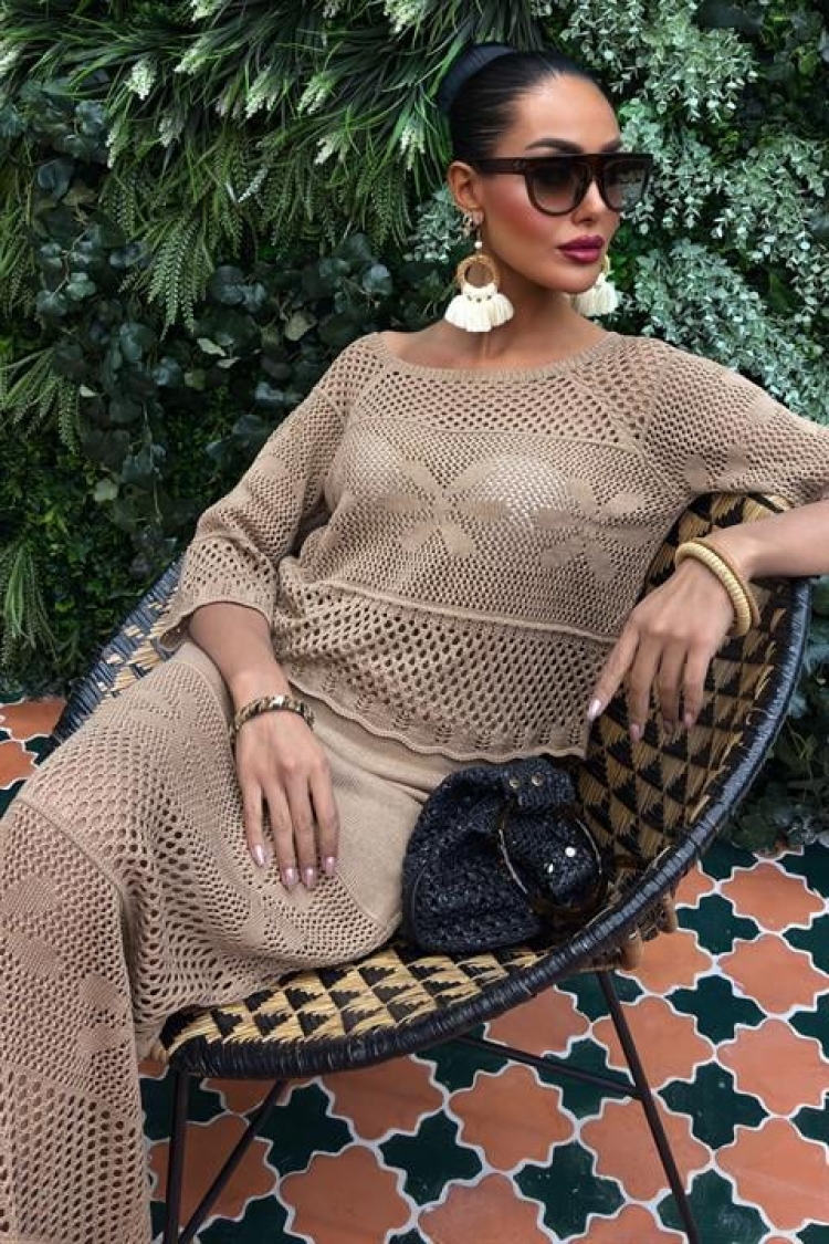 Boat Neck Half Sleeve Openwork Knitwear Suit - Milk Brown - Brand: Sobe Istanbul - Women & Kids, Baby Clothes Wholesale - TheBS Women