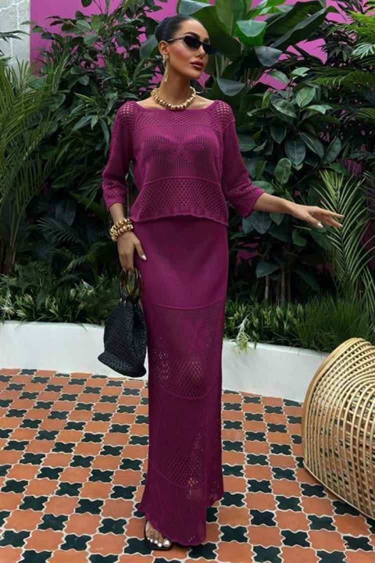 Boat Neck Half Sleeve Openwork Knitwear Suit - Purple - Brand: Sobe Istanbul - Women & Kids, Baby Clothes Wholesale - TheBS Women