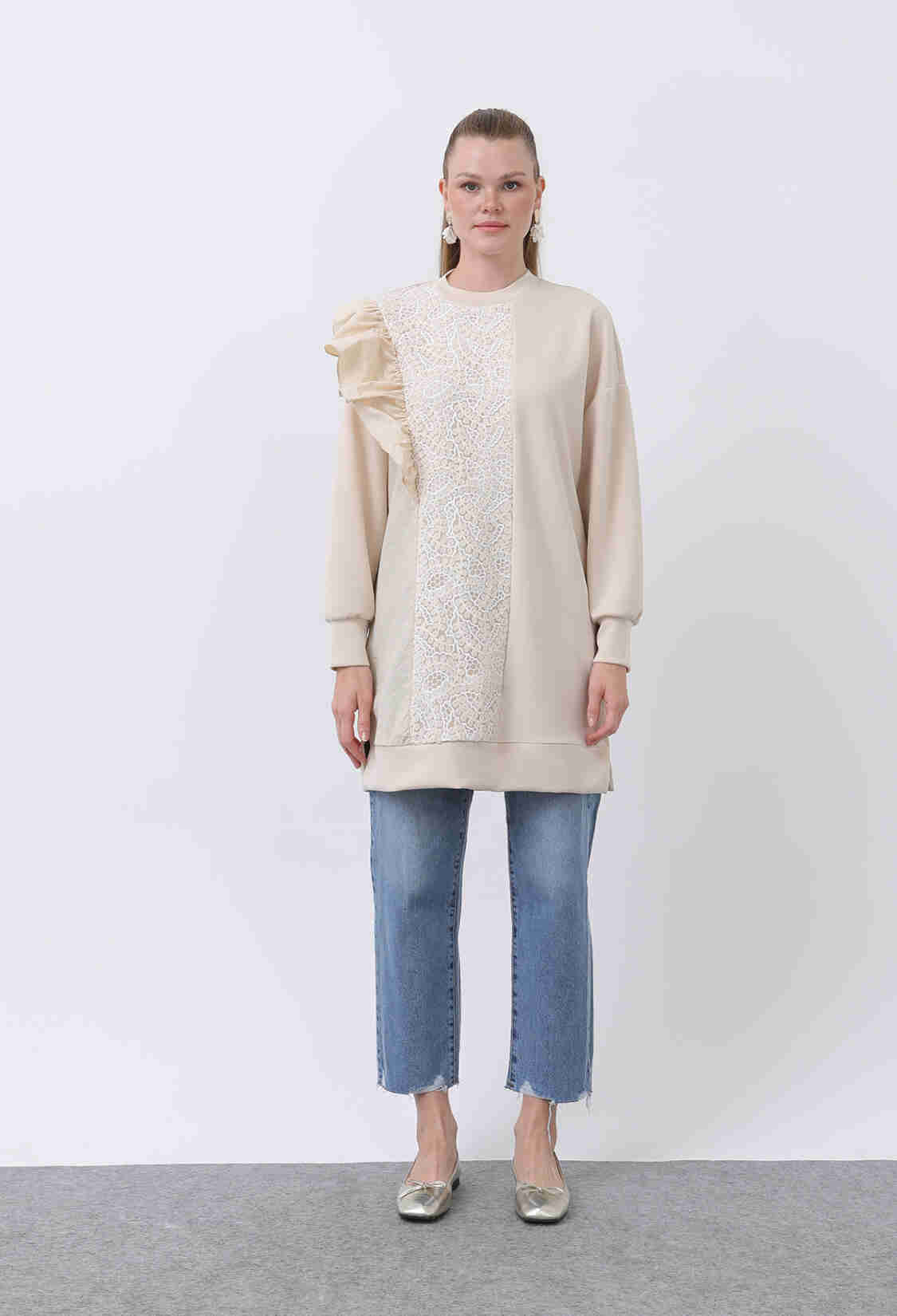 Women's Shoulder Ruffle Detailed Lace Garnished Tunic - Brand: Puane - Women & Kids, Baby Clothes Wholesale - TheBS Women
