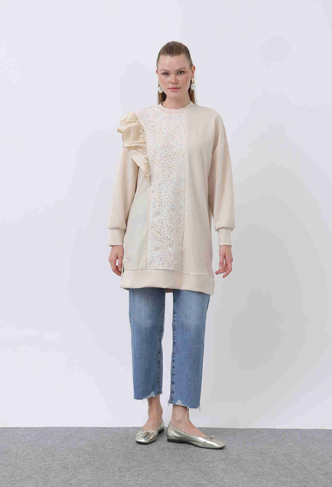 Women's Shoulder Ruffle Detailed Lace Garnished Tunic - Brand: Puane - Women & Kids, Baby Clothes Wholesale - TheBS Women