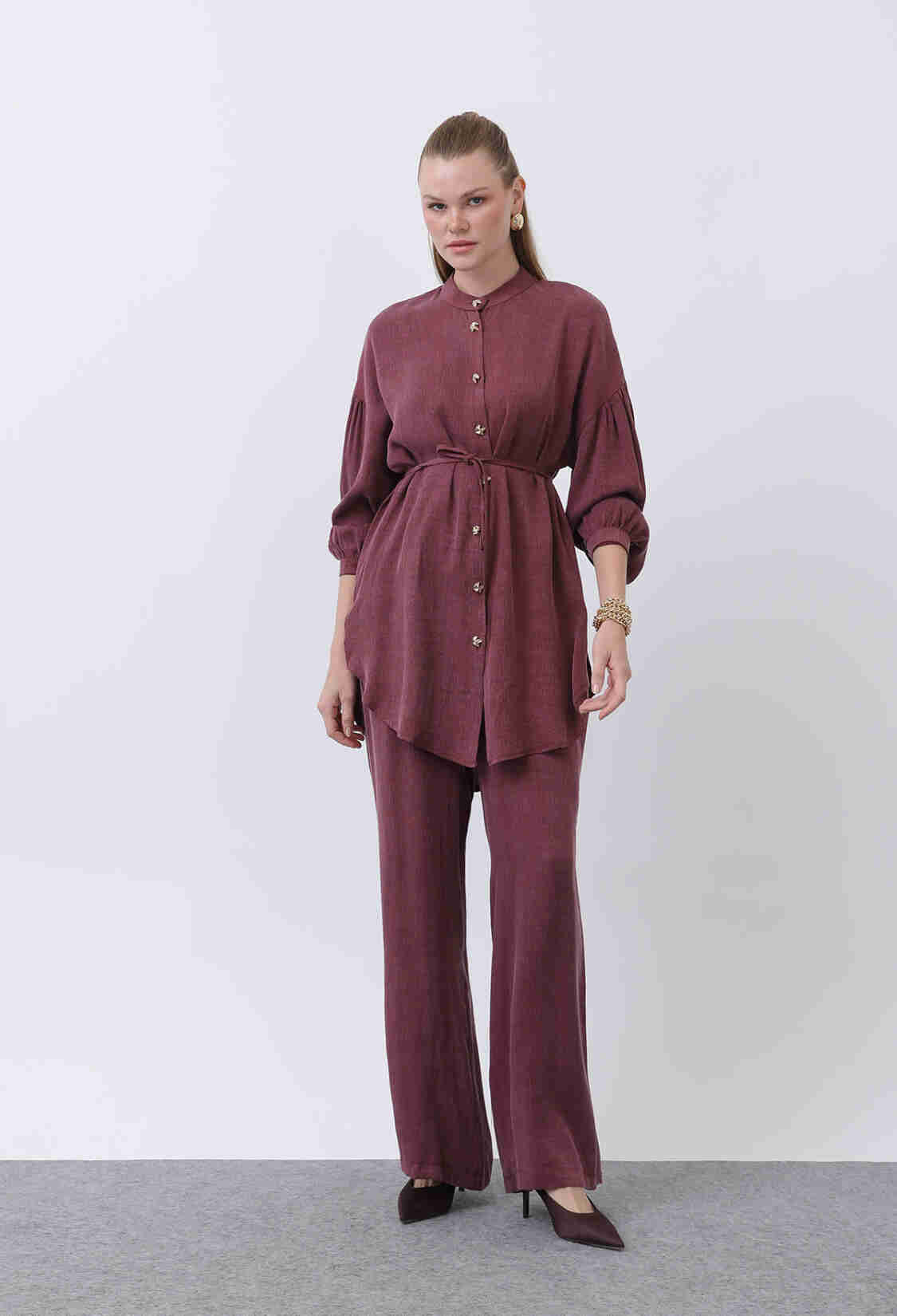 Judge Collar And Button Detailed Trouser Suit - Burgundy - Brand: Puane - Women & Kids, Baby Clothes Wholesale - TheBS Women