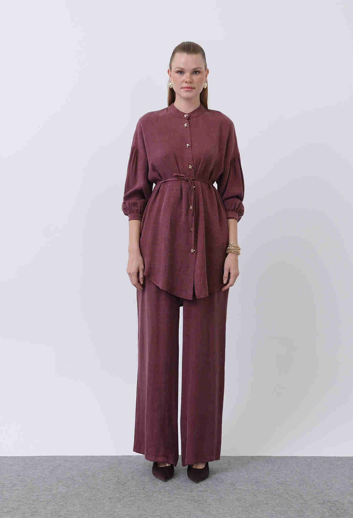 Judge Collar And Button Detailed Trouser Suit - Burgundy - Brand: Puane - Women & Kids, Baby Clothes Wholesale - TheBS Women