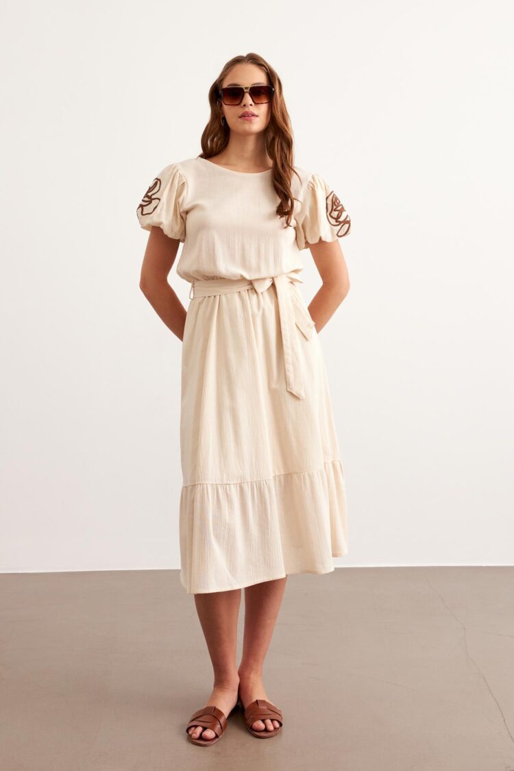Waist Belted Sleeve Embroidery Detailed Dress Stone - Brand: Levure - Women & Kids, Baby Clothes Wholesale - TheBS Women