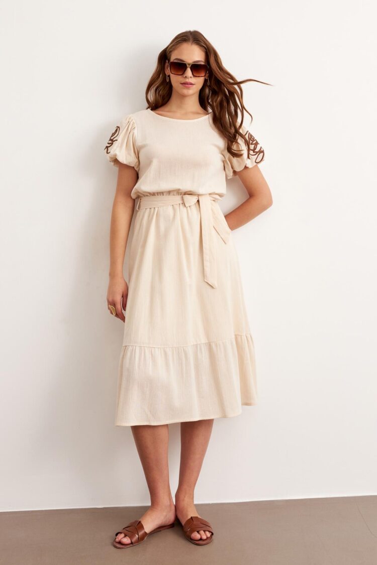 Waist Belted Sleeve Embroidery Detailed Dress Stone - Brand: Levure - Women & Kids, Baby Clothes Wholesale - TheBS Women
