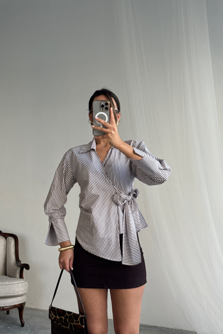 Striped Poplin Double Breasted Tie Shirt - Brand: Ello - Women & Kids, Baby Clothes Wholesale - TheBS Women