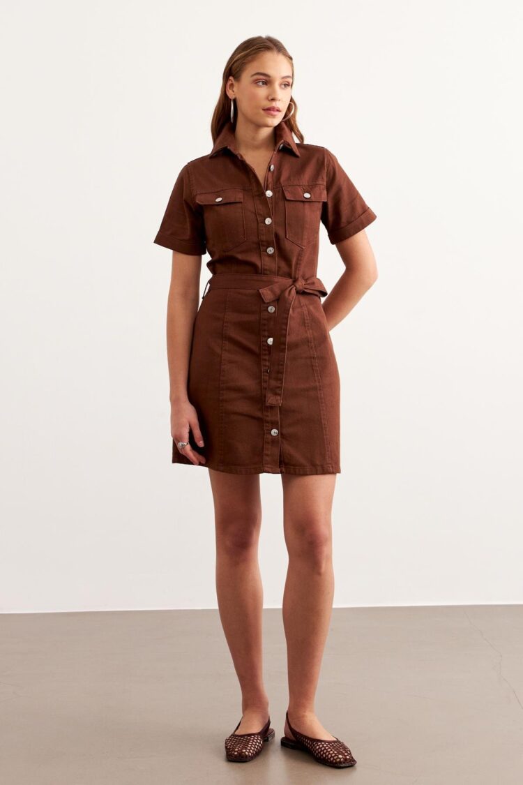 Buttoned Gabardine Dress Brown With Waist Belt - Brand: Levure - Women & Kids, Baby Clothes Wholesale - TheBS Women