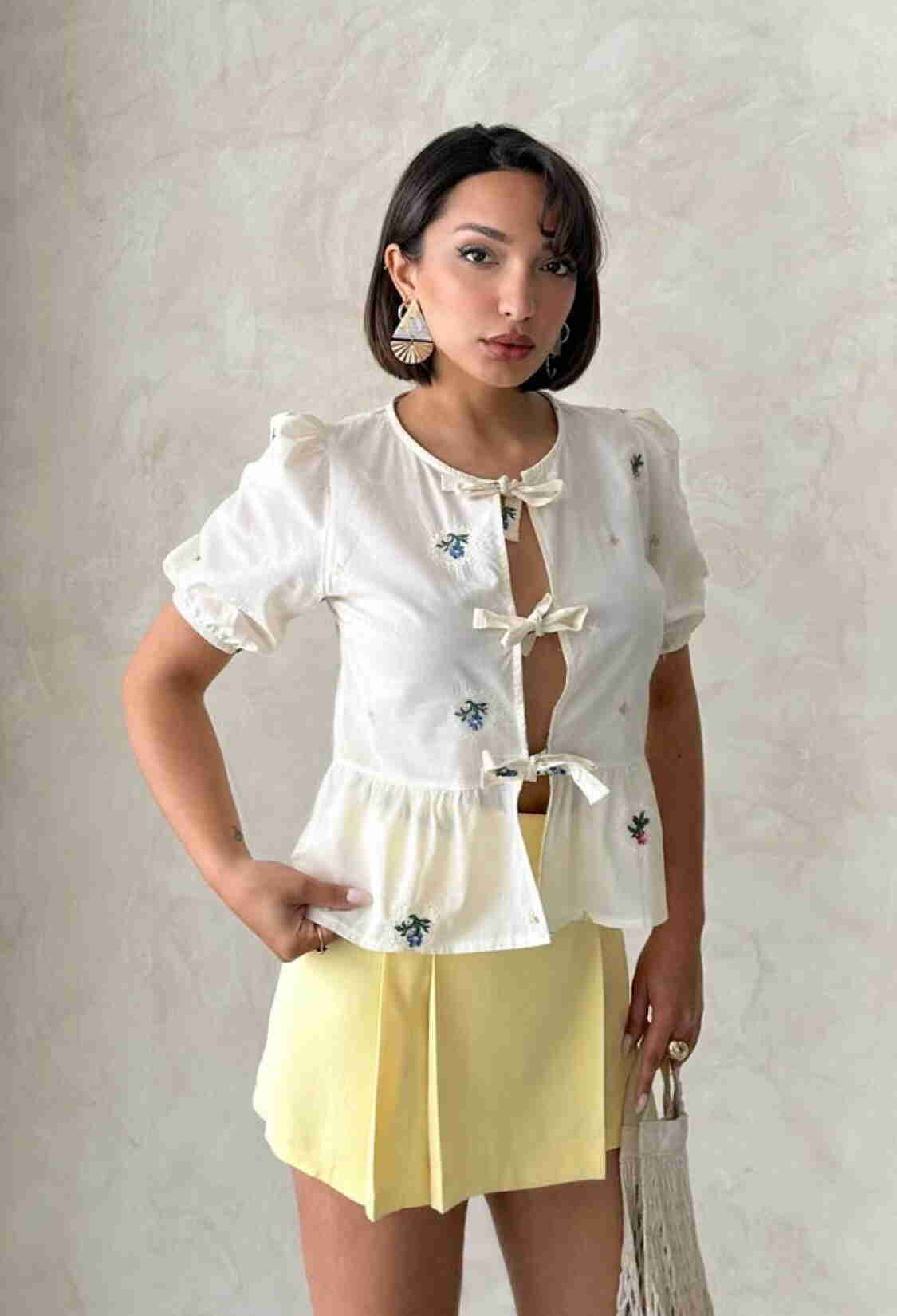 Front Tie Embroidered Blouse - Stone - Brand: Topshow - Women & Kids, Baby Clothes Wholesale - TheBS Women