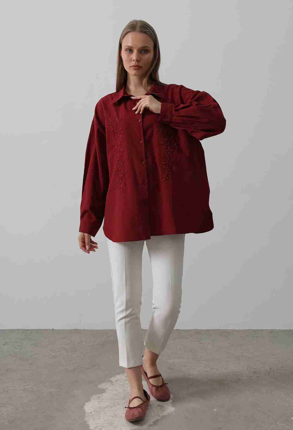 Bead Embroidery Detailed Long Shirt - Burgundy - Brand: Reyon - Women & Kids, Baby Clothes Wholesale - TheBS Women