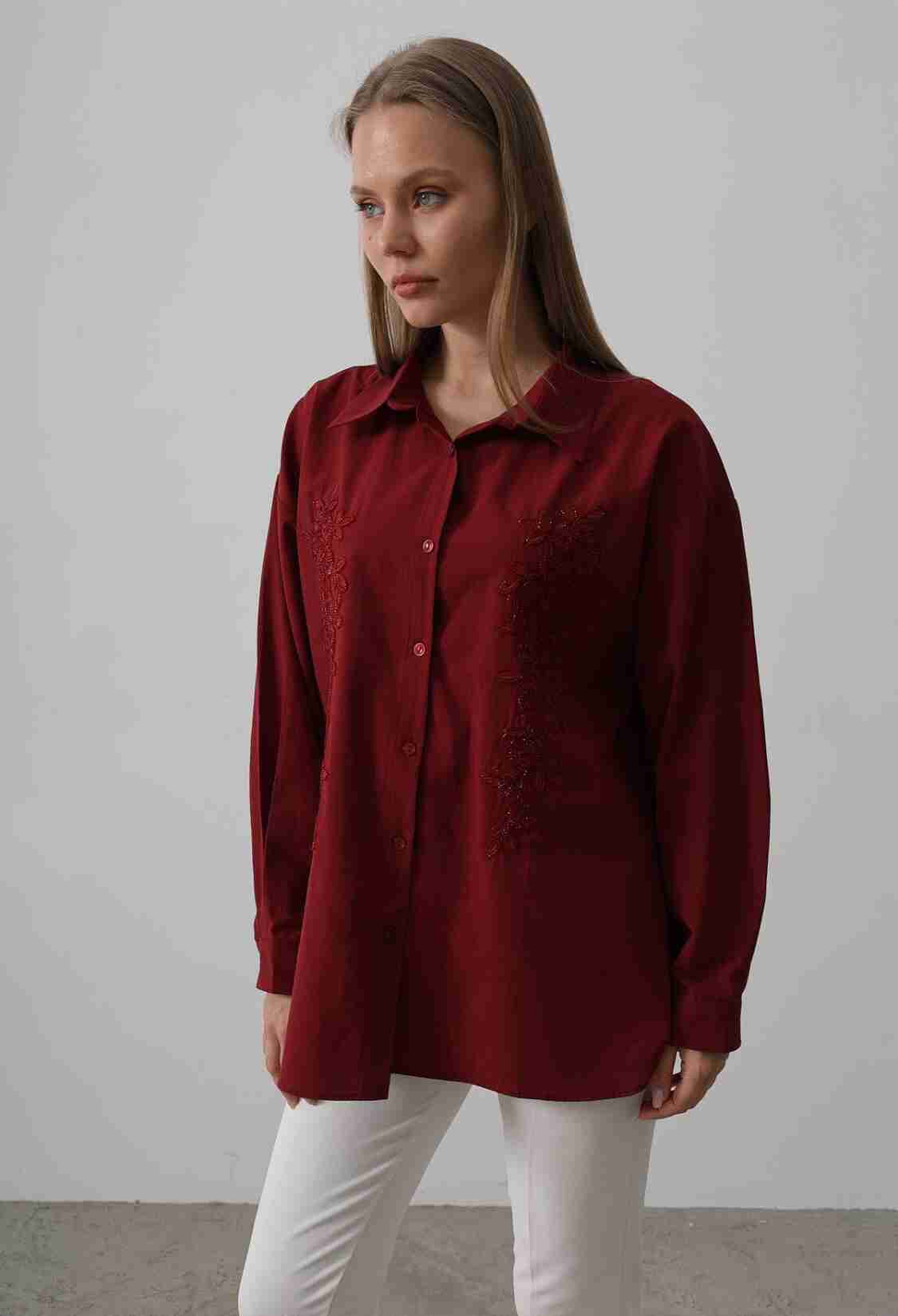 Bead Embroidery Detailed Long Shirt - Burgundy - Brand: Reyon - Women & Kids, Baby Clothes Wholesale - TheBS Women