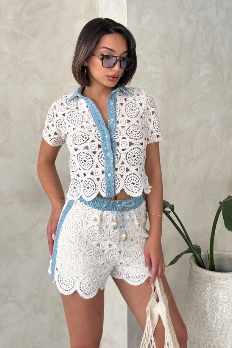 Denim Detailed Lace Shirt - Raw - Brand: Topshow - Women & Kids, Baby Clothes Wholesale - TheBS Women