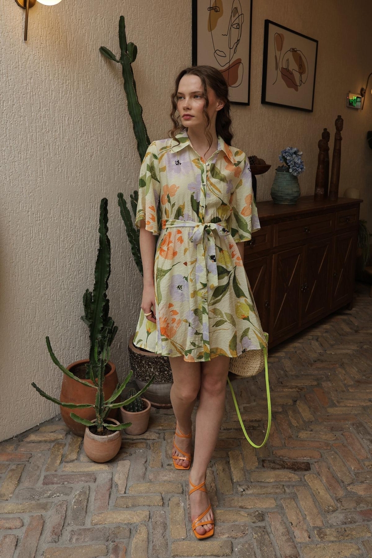 Patterned Half Sleeve Dress - Green - Brand: Reyon - Women & Kids, Baby Clothes Wholesale - TheBS Women
