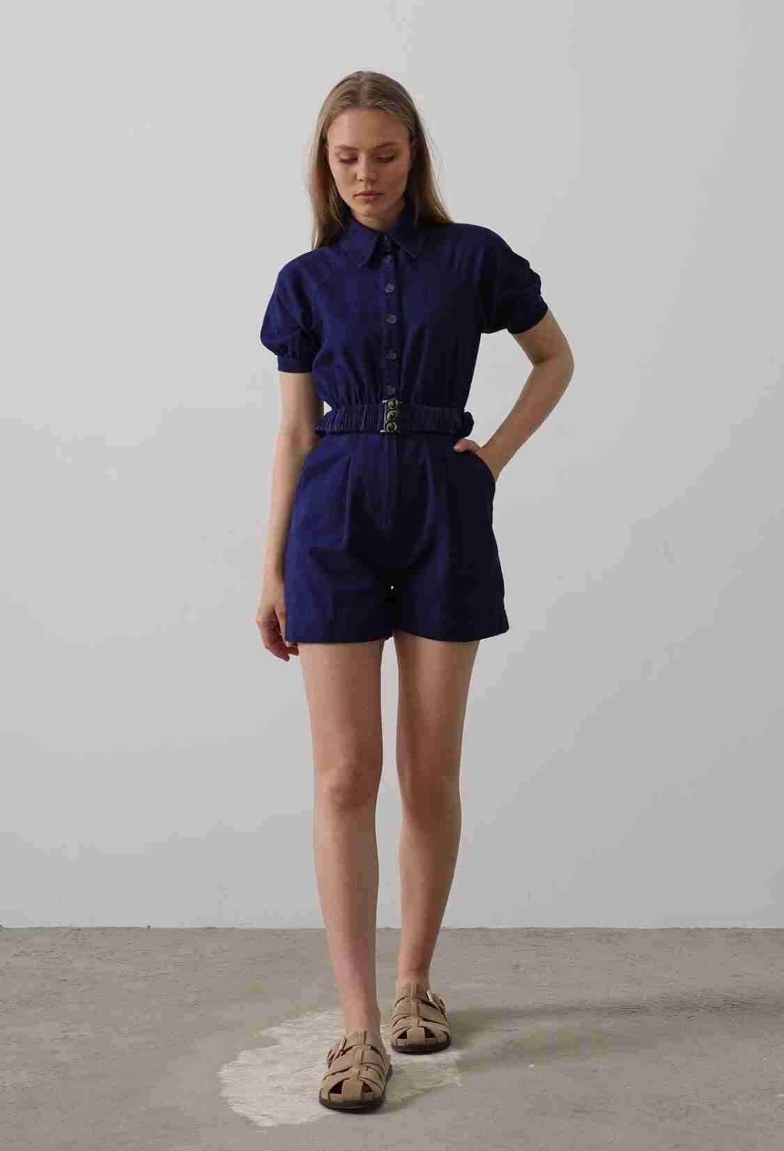 Shirt Collar Gabardine Jumpsuit - Indigo - Brand: Reyon - Women & Kids, Baby Clothes Wholesale - TheBS Women
