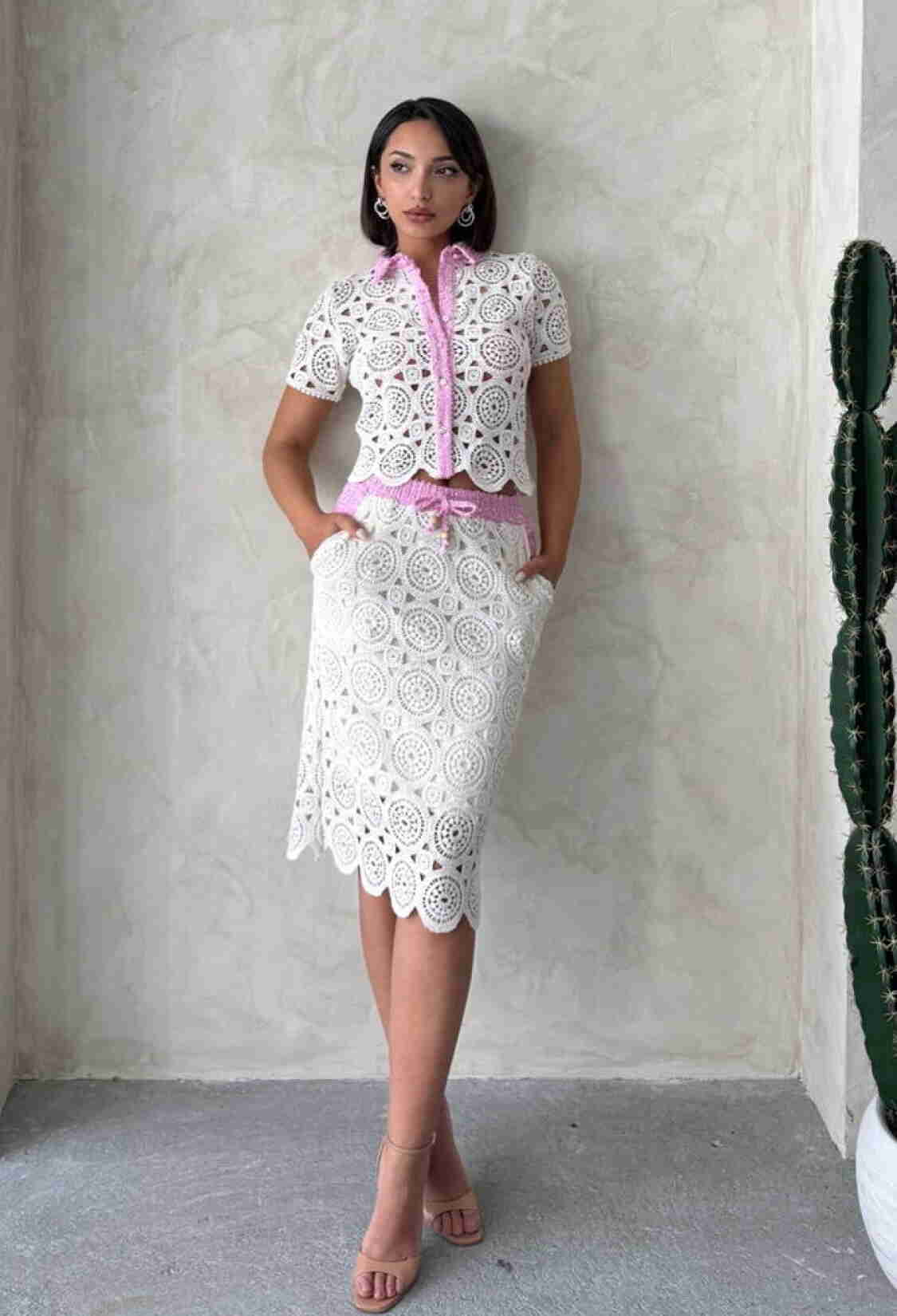 D 2796 Denim Detailed Lace Long Skirt - Raw Pink - Brand: Topshow - Women & Kids, Baby Clothes Wholesale - TheBS Women