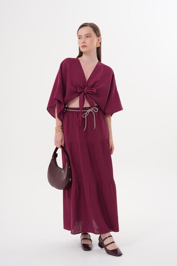 Elastic Waist And Cord Detailed Long Skirt Burgundy - Brand: Levure - Women & Kids, Baby Clothes Wholesale - TheBS Women