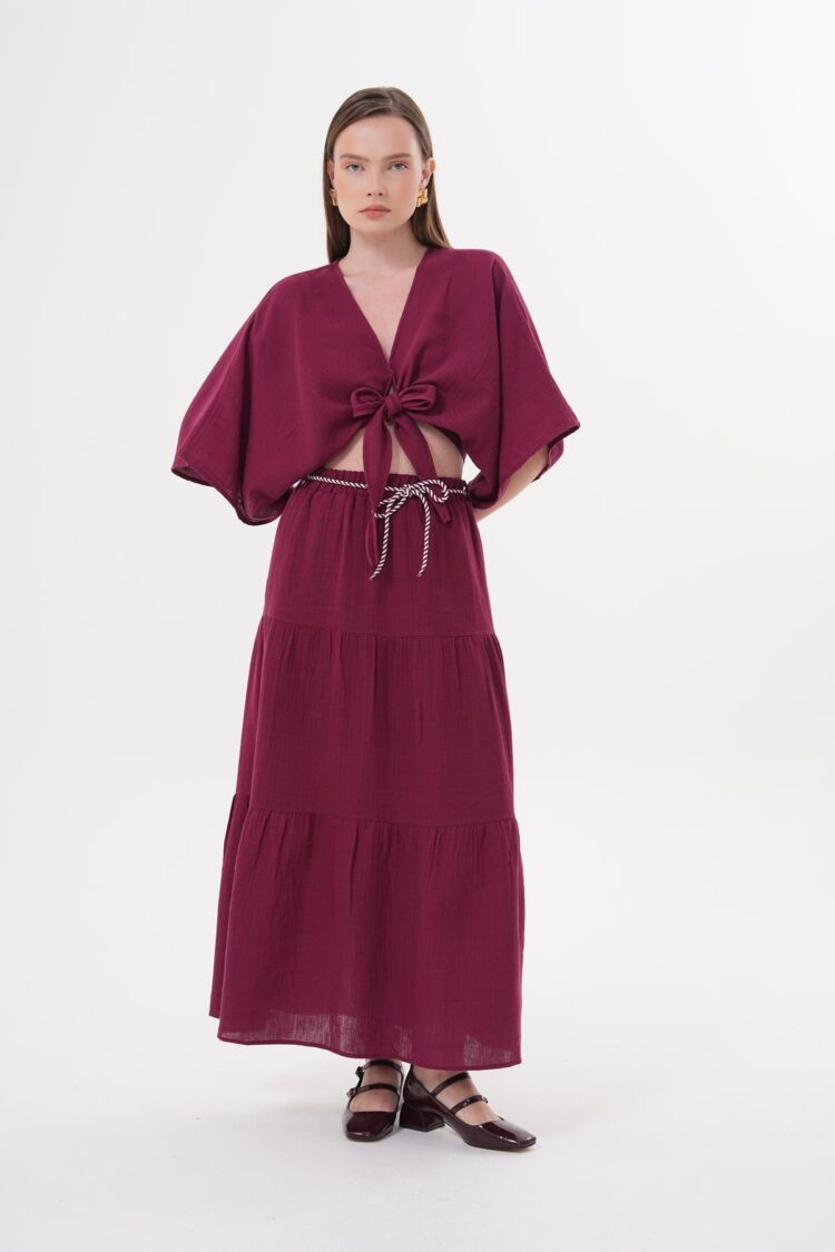 Elastic Waist And Cord Detailed Long Skirt Burgundy - Brand: Levure - Women & Kids, Baby Clothes Wholesale - TheBS Women