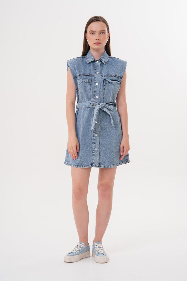 Shoulder Wadding Detailed Belted Dress Snow Wash - Brand: Levure - Women & Kids, Baby Clothes Wholesale - TheBS Women