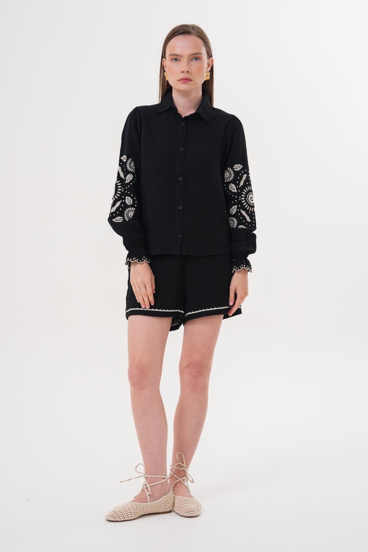 Sleeve Embroidery Detailed Front Buttoned Shirt - Brand: Levure - Women & Kids, Baby Clothes Wholesale - TheBS Women