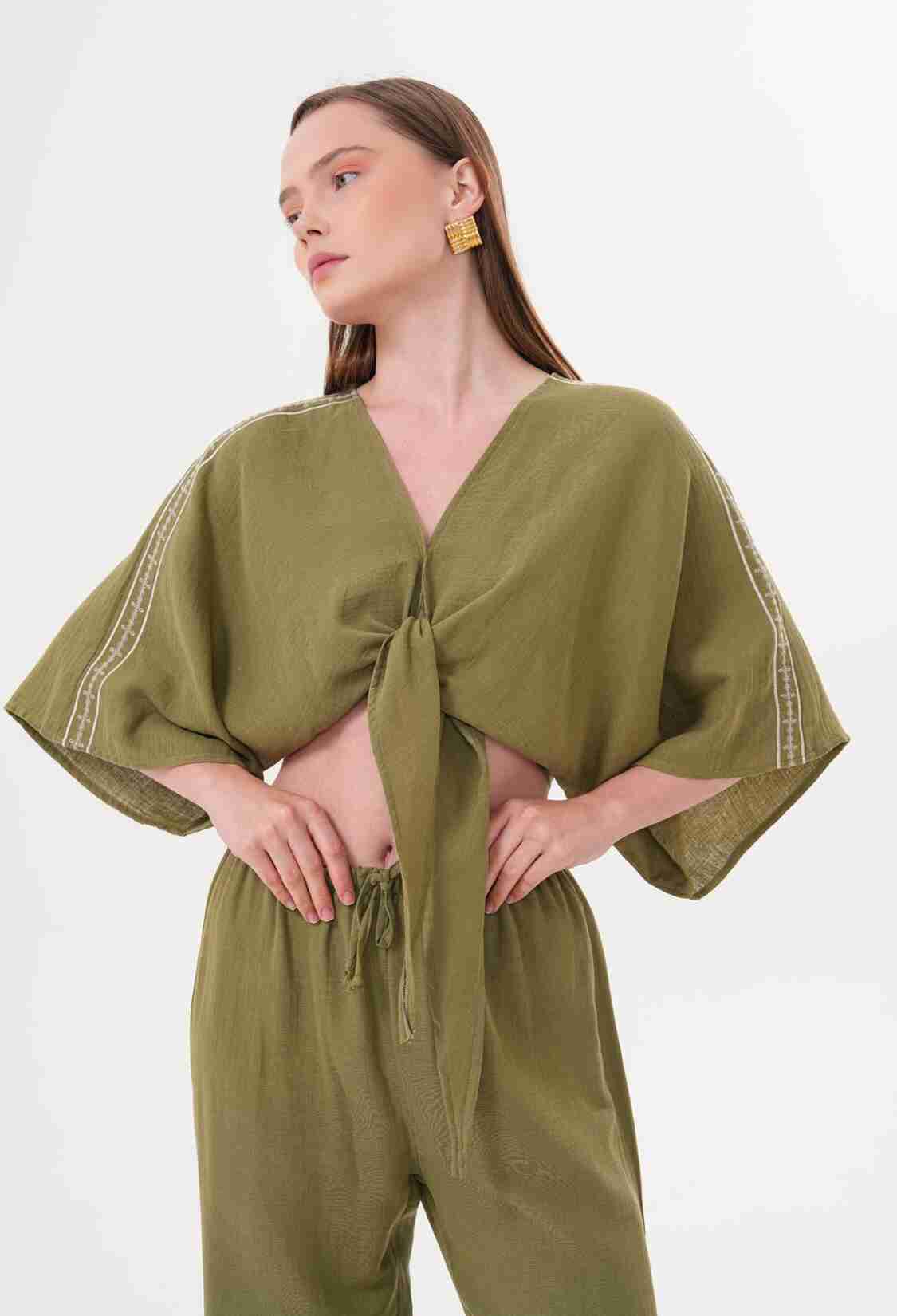 Shoulder Embroidery Detailed Tie Waist Shirt - Brand: Levure - Women & Kids, Baby Clothes Wholesale - TheBS Women