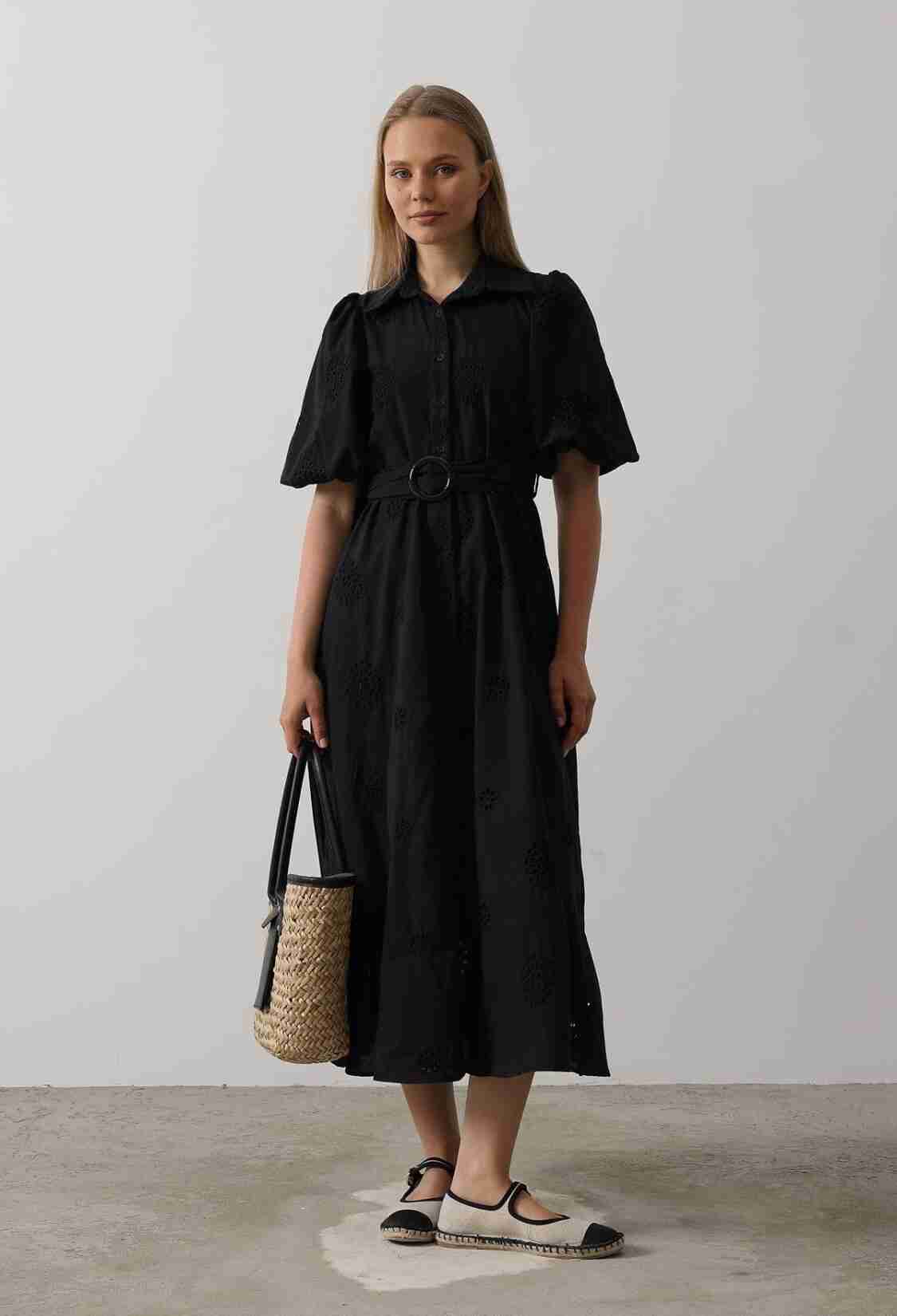 Embroidered Dress With Balloon Sleeve Belt - Brand: Reyon - Women & Kids, Baby Clothes Wholesale - TheBS Women