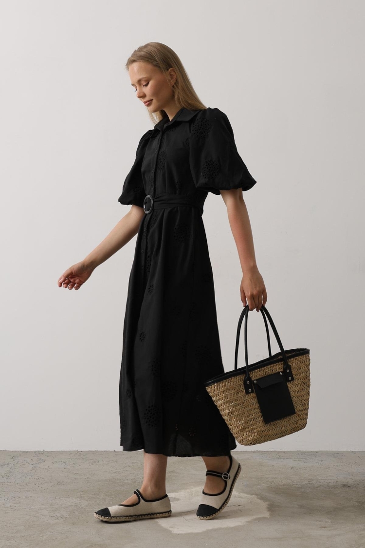 Embroidered Dress With Balloon Sleeve Belt - Brand: Reyon - Women & Kids, Baby Clothes Wholesale - TheBS Women