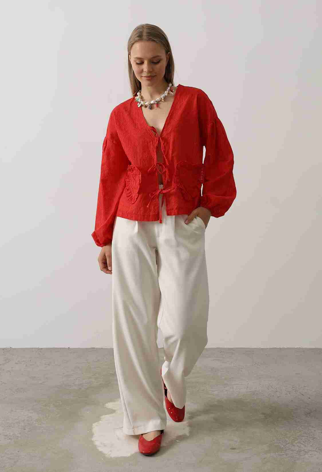 Heart Detailed Tie Embroidered Blouse - Brand: Reyon - Women & Kids, Baby Clothes Wholesale - TheBS Women